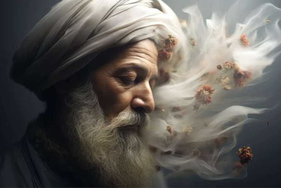 Sufi myśliciel pogrążony w kontemplacji, symbol duchowej mądrości i poszukiwania głębokiej prawdy.